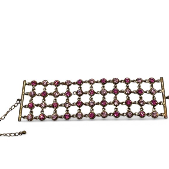 Vintage Pink & Fusia Rhinestone Bracelet Big Chunky Thick Antiqued Gold Tone - Picture 5 of 10